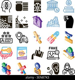 Collection of various icon illustrations depicting different abstract concepts, from psychology and finance to industry, security, and digital aspects Stock Vector