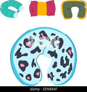 Collection of different colorful travel pillows, including u shaped neck supports and a rectangular accent pillow, offering comfort and relaxation dur Stock Vector