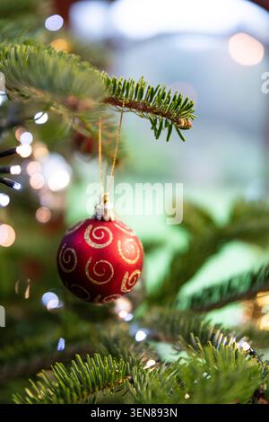 Shiny Red Ornament Hanging Delicately From a Pine Tree Branch Adorned for the Holidays Stock Photo