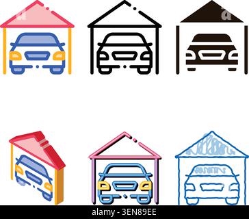 Garage Shed With Car Vehicle Vector series Thin Line Icon. Automobile Autocar In Garage Linear Pictogram. Mortgage On Real Estate, Rent, Buy Or Sale B Stock Vector