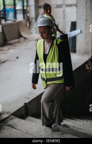 Female engineer in hard hat and safety vest inspecting an indoor construction site with plans Stock Photo