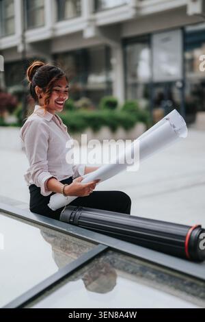 Young female architect reviewing rolled blueprints outdoors in an urban setting, smiling while checking plans Stock Photo