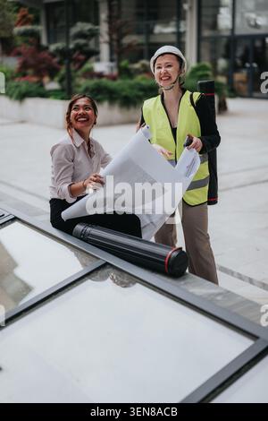 Two female architects reviewing blueprints on site in safety vest and hard hat, smiling and collaborating Stock Photo