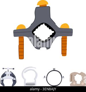 Collection of clamps and securing clips, featuring a large adjustable clamp with three screws and assorted pipe and fastening clips for industrial, pl Stock Vector