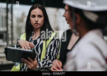 Female construction manager discussing plans with colleagues on site using tablet and safety vest Stock Photo