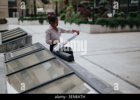Young architect reviewing blueprints outdoors on a modern office plaza during a work break Stock Photo
