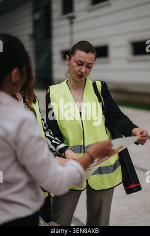 Female engineers in high visibility vests reviewing plans outdoors during a site meeting for construction project Stock Photo