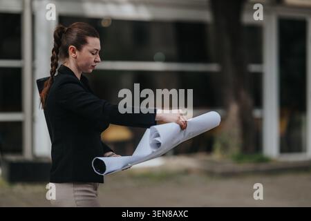 Businesswoman examining architectural blueprints outdoors while reviewing building plans at project site Stock Photo