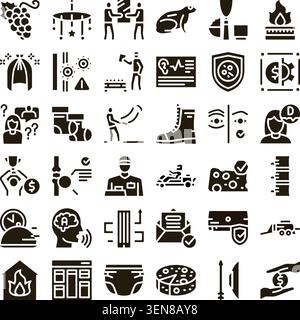 Black and white pictograms illustrating a wide range of subjects from food and medical care to leisure activities and everyday objects, representing d Stock Vector
