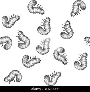 seamless pattern soil chafer hand drawn. grub lawn, silhouette garden, summer pest soil chafer black sketch illustration Stock Vector