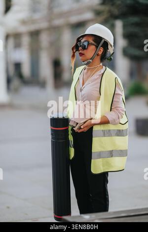 Woman construction worker in safety vest and hard hat standing outdoors with smartphone Stock Photo