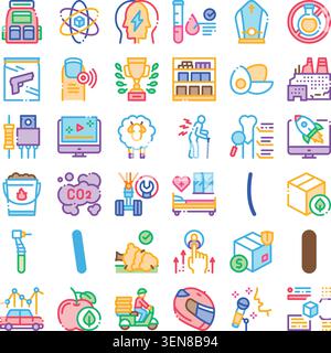 Set of line icons illustrating different fields and contemporary topics including business, technology, healthcare, education, environment, and logist Stock Vector