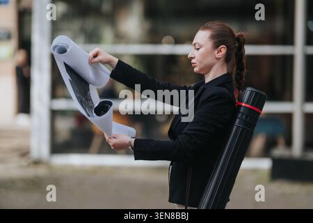 Female architect reviewing rolled blueprints outside office with carrying tube and focused expression Stock Photo