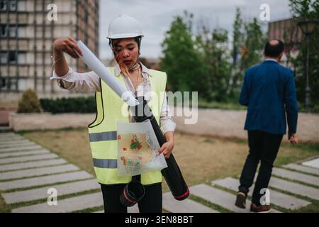 Female architect in hard hat and high-visibility vest examining blueprints at a construction site Stock Photo