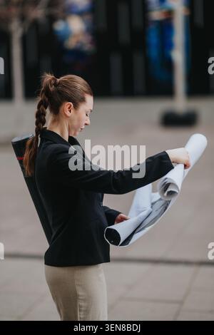 Female architect reviewing rolled blueprints outdoors in urban business attire Stock Photo