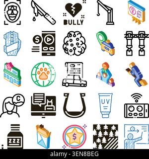 Set of vector illustrations depicting various abstract concepts, digital actions, health issues, safety elements, and everyday objects, representing a Stock Vector