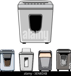 Various models of paper shredders standing, illustrating concepts of data destruction, privacy protection, document security, and confidential informa Stock Vector