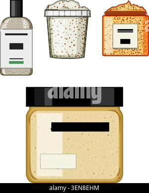 Assorted collection of skincare containers, including jars and bottles, filled with textured exfoliating scrub, ideal for beauty, hygiene, and self ca Stock Vector