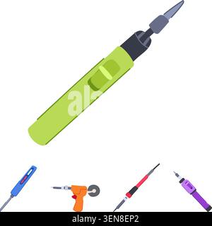 Collection of various soldering equipment, including a lighter style instrument and different electric models, illustrating repair, diy, and electroni Stock Vector