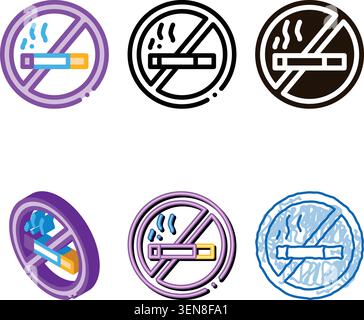 No Smoking Forbidden Sign Vector Thin Line Icon. Forbidden Smoke Cigarette, Hotel Performance Of Service Equipment Linear Pictogram. Business Hostel I Stock Vector