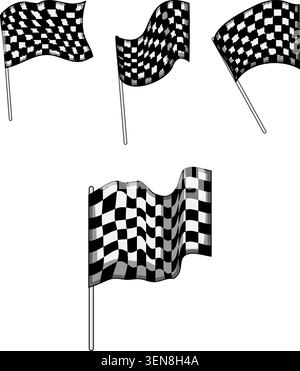 Conceptual set of black and white checkered flags waving, symbolizing speed, competition, and victory in auto racing and sporting events, isolated on Stock Vector