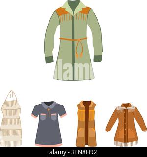 Collection of five stylized outerwear and dress items featuring fringe accents and designs inspired by western fashion, offering a variety of apparel Stock Vector
