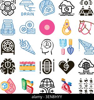 Assorted outline and doodle icon set showing cloud computing, brain, construction, food, gardening, health and global network symbols for apps, interf Stock Vector