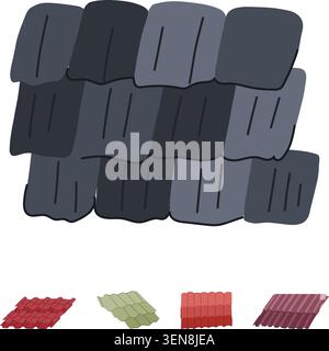 Various roof tiles displaying distinct colors and shapes, representing roofing material components for construction and home improvement projects in a Stock Vector