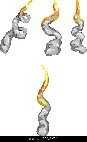 Cartoon style set of animated smoke and fiery orange yellow trails showing motion and energy for game effects, explosions, rocket exhaust and dynamic Stock Vector