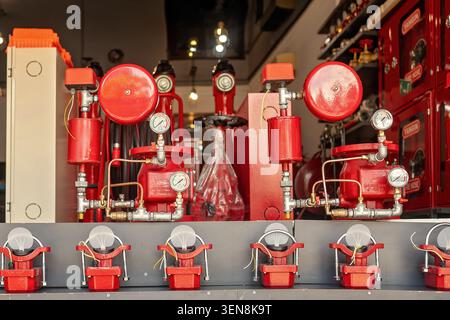 Batumi, Georgia - June 09, 2026: Commercial display of Turkish fire protection systems, sprinkler alarm valves, and waterflow detectors. Stock Photo