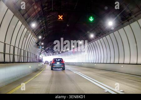 Miami Florida,PortMiami Port of Miami Tunnel,underwater tunnel,Biscayne Bay tunnel,tunnel interior,road tunnel,vehicular traffic,cars,SUV,transportati Stock Photo
