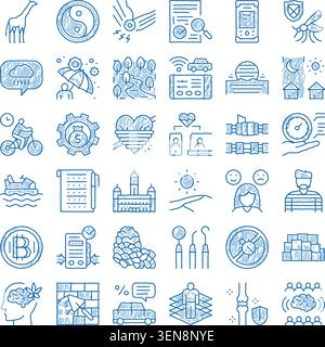 Collection of blue linear icons offering a broad spectrum of symbols representing abstract ideas, everyday situations, health, technology, finance, an Stock Vector