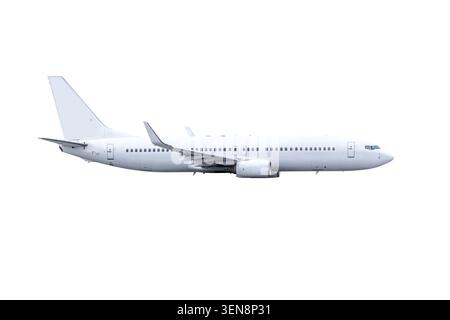 Modern passenger plane flying isolated on white background Stock Photo