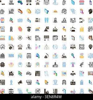 Large collection of diverse isometric and flat icons representing concepts like transportation, communication, commerce, environment, digital services Stock Vector