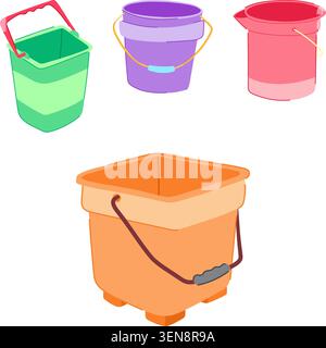 Colorful collection of plastic buckets featuring various designs, sizes, and vibrant hues, suitable for diverse cleaning, gardening, and general house Stock Vector
