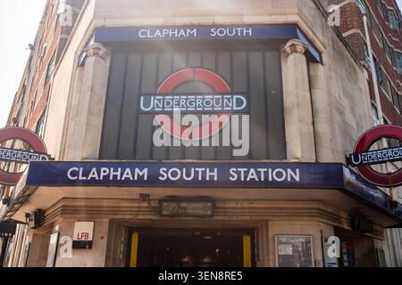 LONDON - APRIL 27, 2026: Clapham South Station – iconic London Underground roundel on sunny day Stock Photo