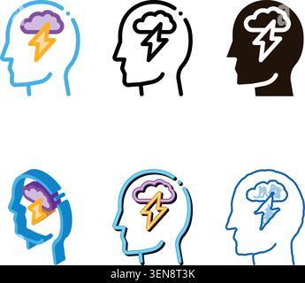 Raining Lightning Cloud In Silhouette Mind Vector Icon Thin Line. variants Gear And Brain, Heart And Shield, Padlock And Magnifier Stock Vector