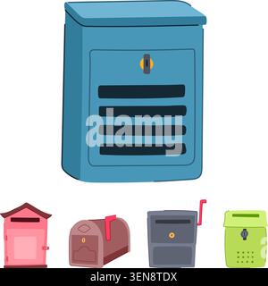 Collection of various colorful mailboxes providing communication, delivery, and postal service concepts, ideal for themes of correspondence, sending, Stock Vector