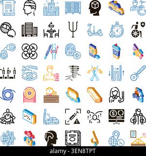 Variety of colorful and stylized icons illustrating a broad range of concepts, from medical procedures and technological advancements to natural disas Stock Vector