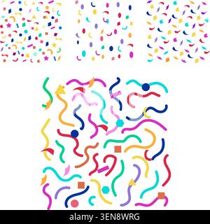 Vibrant abstract party background with scattered geometric confetti, colorful streamers and wavy ribbons on a clean white canvas, conveying fun, celeb Stock Vector