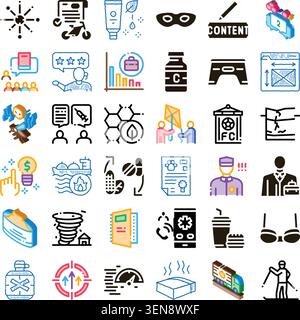 Wide assortment of glyph and isometric icons depicting business, networking, healthcare, nature, sports, transport and everyday objects on a clean whi Stock Vector