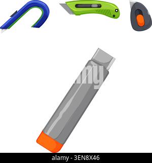 Collection of assorted utility knives and box cutters with razor blades for cutting, crafting and opening tasks, essential tools for office, workshop, Stock Vector