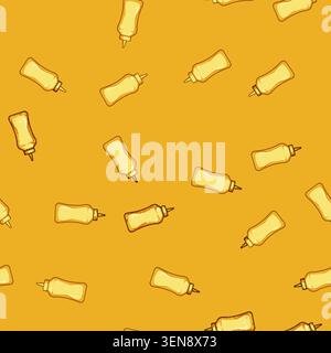 seamless pattern Yellow mustard squeeze bottle with pointed nozzle creating a classic squiggle of bright condiment on white background, ideal for food Stock Vector