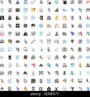 Large grid displaying a wide array of colorful and black and white pictograms representing various concepts, objects, and activities for user interfac Stock Vector