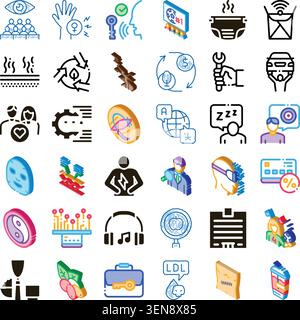 Diverse collection of isometric glyph icons exploring various abstract concepts, health issues, business strategies, and technological advancements, p Stock Vector