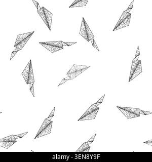 seamless pattern wings paper plane hand drawn. glide throw, model craft, aerodynamics competition wings paper plane black sketch illustration Stock Vector