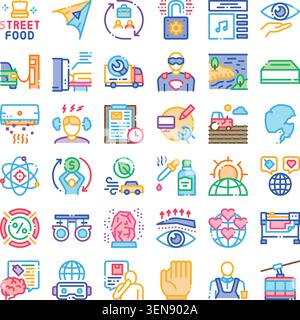 Diverse set of line art icons visualizing themes of global business, technological innovation, health and wellness, environmental concerns, and servic Stock Vector