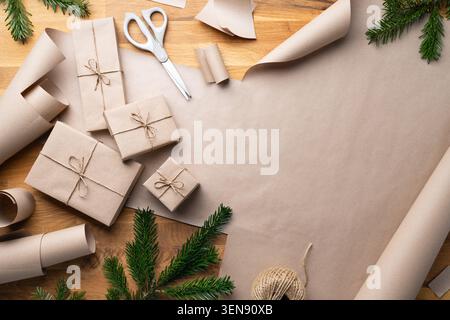 Christmas Gift Wrapping Background With Copy Space, top view Stock Photo