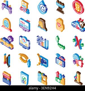Isometric colorful icon set depicting business, tech, finance, health, travel and environment concepts for modern digital, web and infographic use, ui Stock Vector