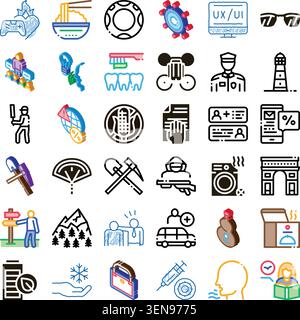 Set of assorted glyph and isometric icons exploring various themes including technology, business, health, gaming, nature, food, and travel, organized Stock Vector